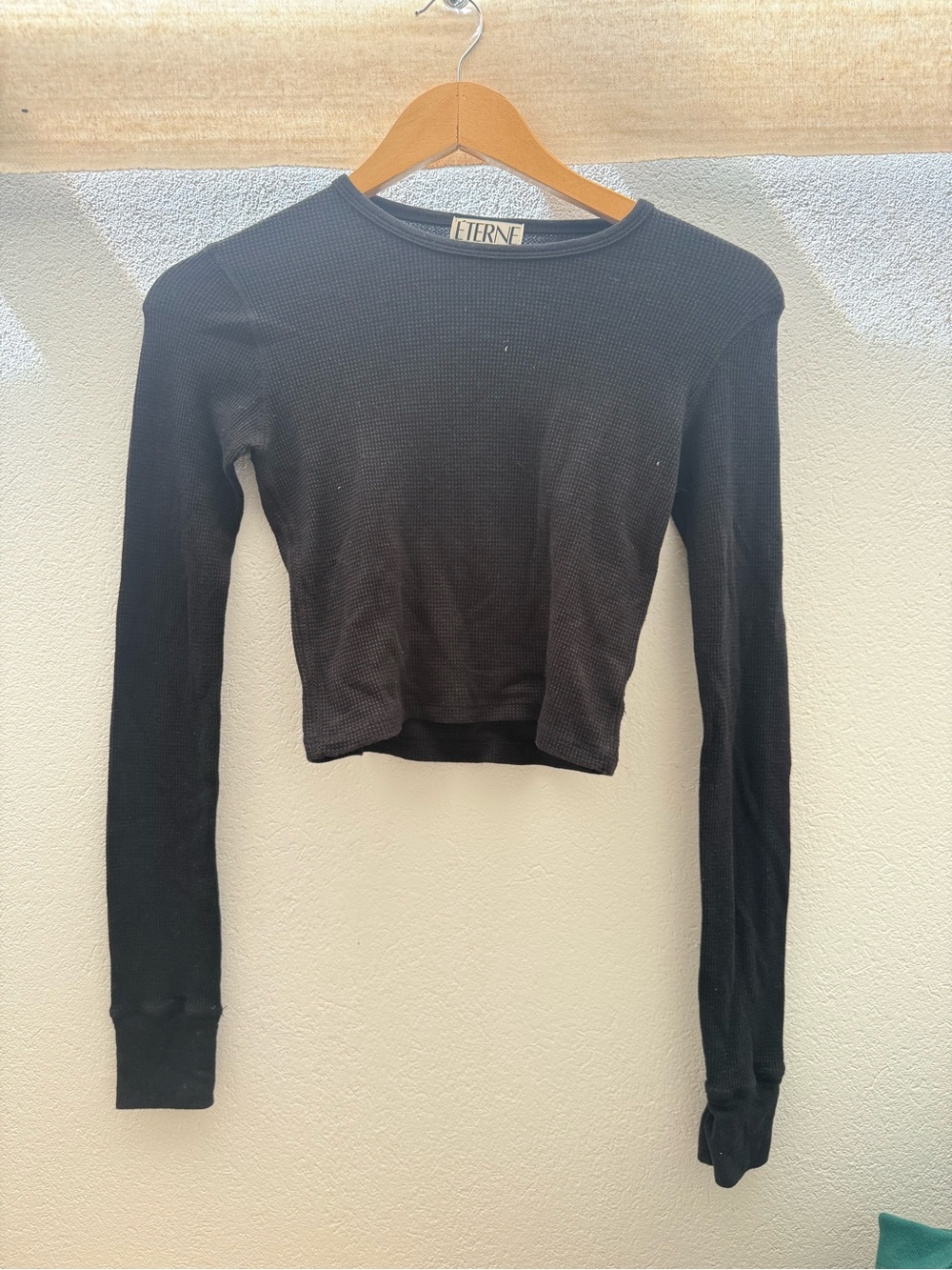 ÉTERNE Black Waffle Knit Long Sleeve Crop Top XS | Ribbed Stretch